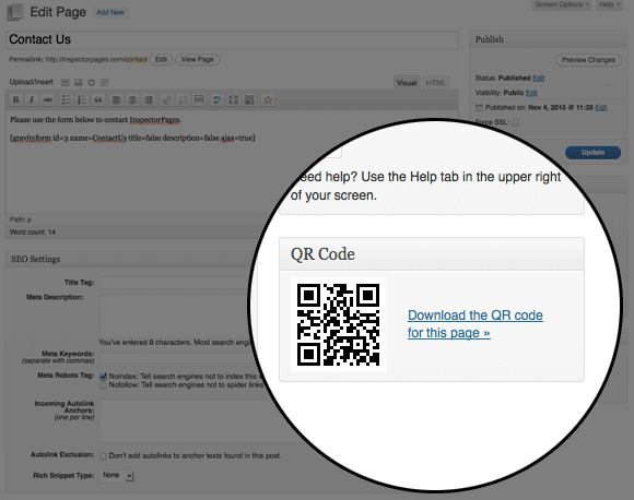 Image of QR code on the page editor